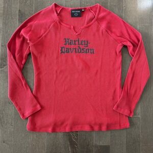 Harley-Davidson Womens Long Sleeve Thermal Raglan Bikercore Edgy Red L‎